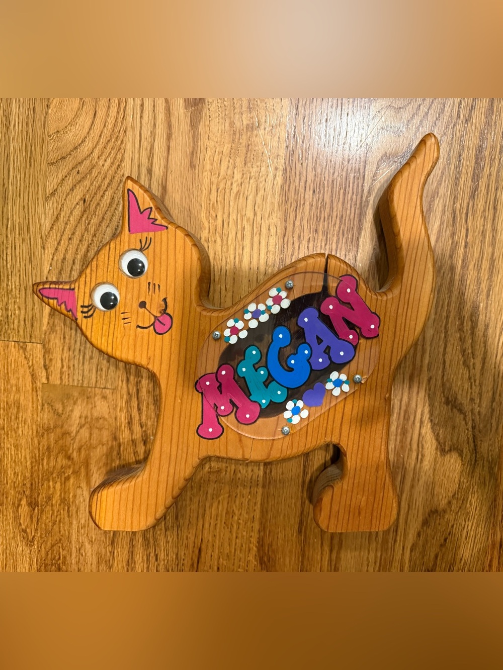 Personalized wooden cat bank with acrylic window. Megan can be painted over